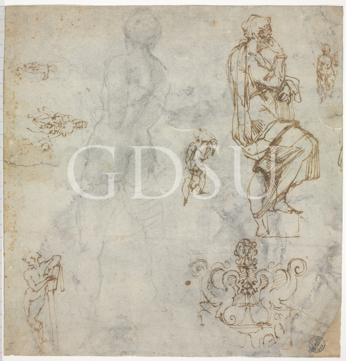 Michelangelo, Foglio di studi per gli Apostoli, la Battaglia di Cascina, la Madonna di Bruges e un elemento architettonico (1503-1504; pietra nera naturale, sfumino, penna e inchiostro, tracce di punta di piombo su carta, 273 x 262 mm; Firenze, Galleria degli Uffizi, Gabinetto dei Disegni e delle Stampe, 233 F)
