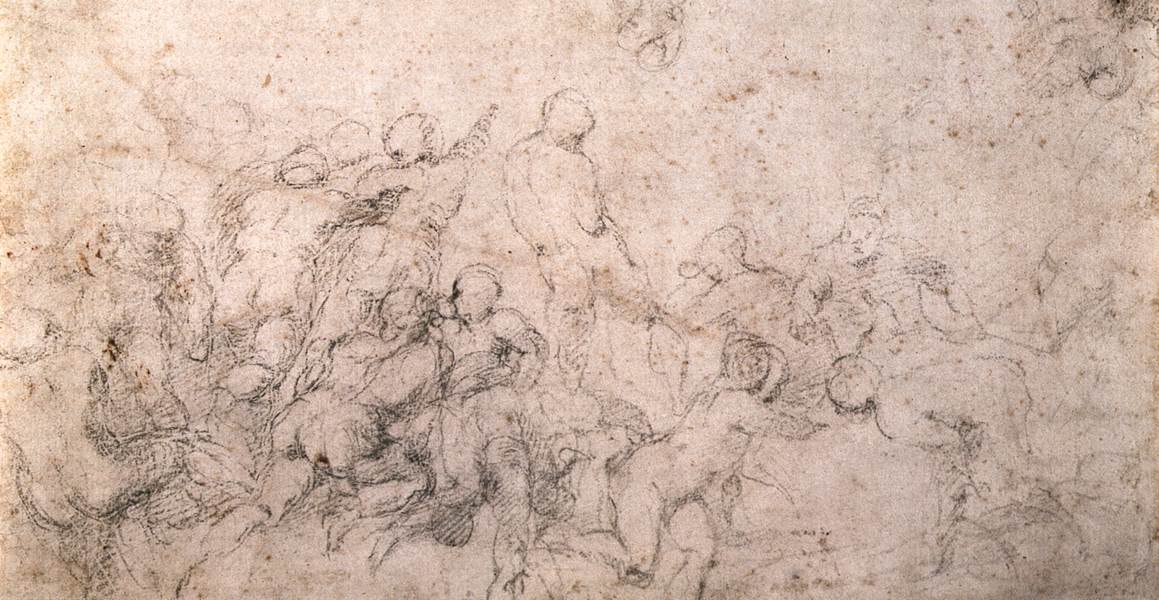 Michelangelo, Studio di composizione per la Battaglia di Cascina (1504-1505 circa; penna e punta d'argento su carta, 235 x 356 mm; Firenze, Galleria degli Uffizi, Gabinetto dei Disegni e delle Stampe, 613 E)
