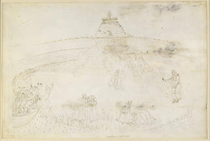 Sandro Botticelli, Purgatorio I (1481-1495; punta d'argento, inchiostro e penna su pergamena, 323 x 470 mm; Berlino, Kupferstichkabinett)
