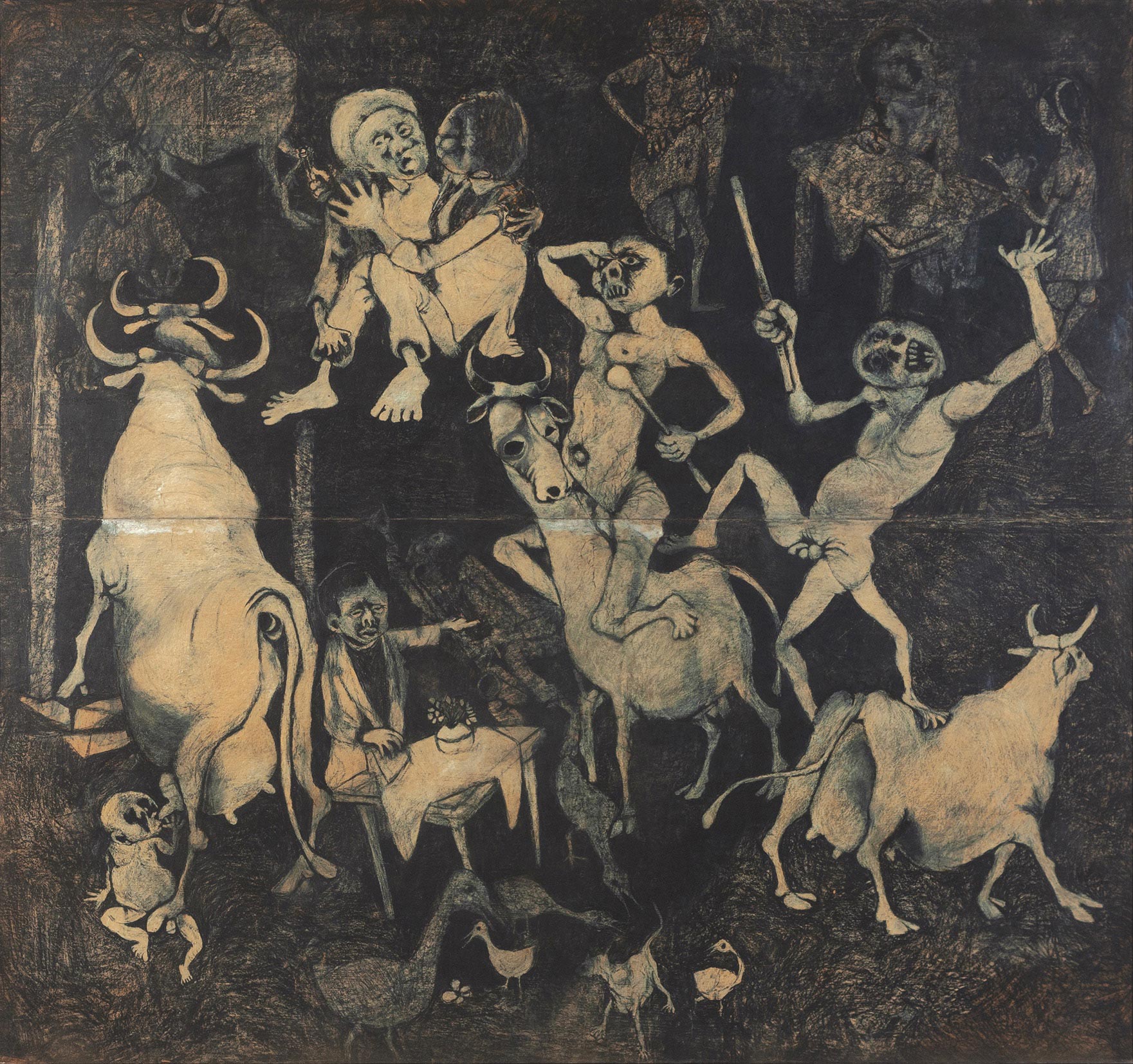 Dumile Feni, African Guernica (1967; carboncino su carta di giornale, 226 x 118 cm; Alice, University of Fort Hare)
