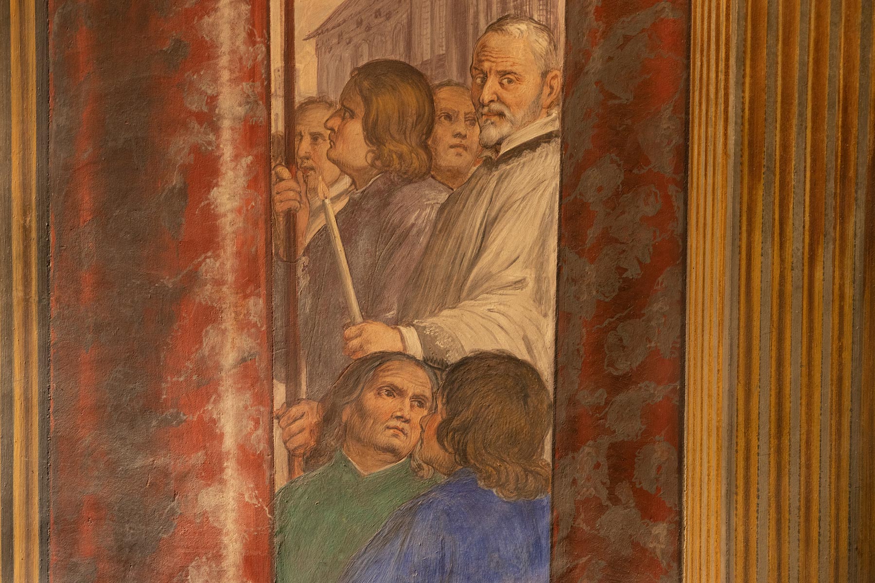 Dettaglio della scena dellÂ’arrivo delle ceneri del Battista a Genova con i probabili ritratti di Giovanni Battista e Giovanni Carlone
