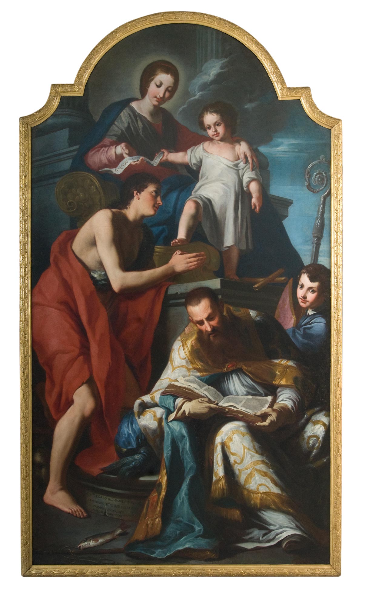 Giambettino Cignaroli, Madonna con il Bambino in trono, san Giovanni Battista e san Zeno vescovo assistito da un chierico (1732; olio su tela, 249 x 140 cm; Varallo, Pinacoteca, Collezione Remogna)
