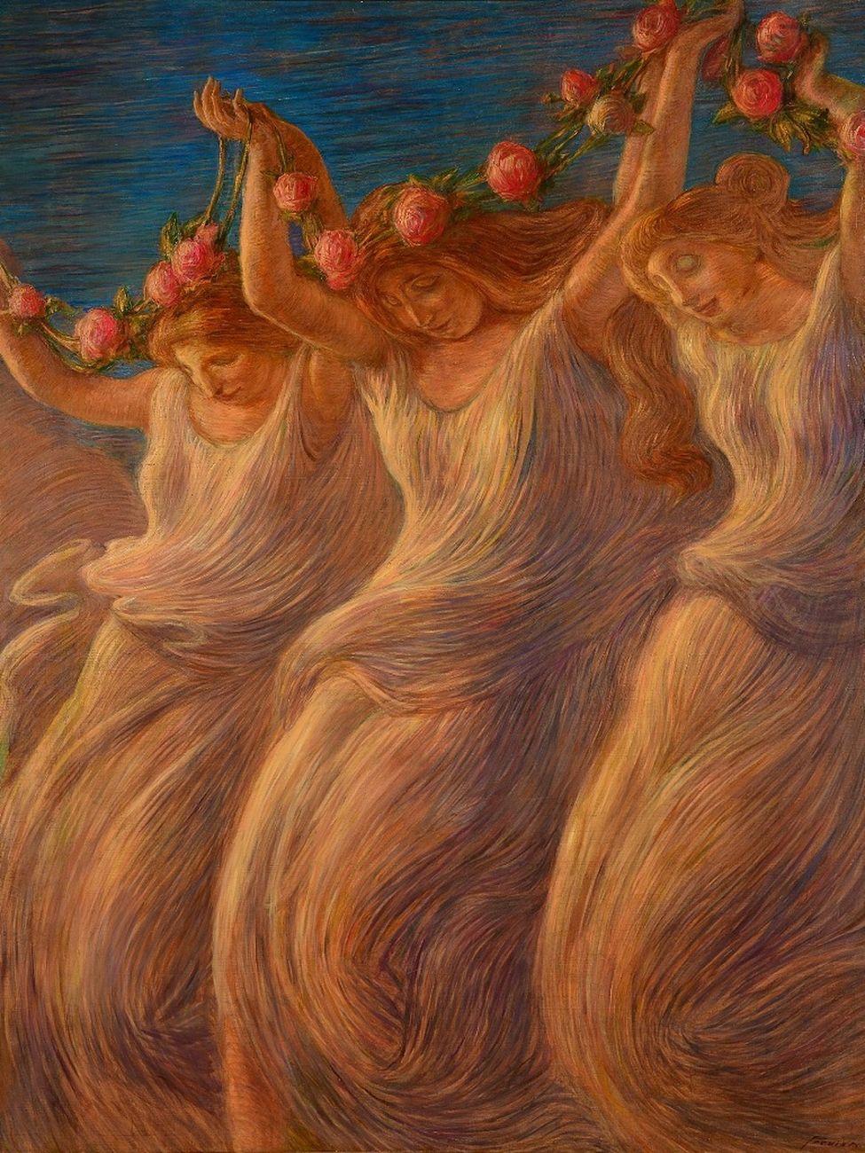 Gaetano Previati, La danza (Pastorale) (1908; olio su tela, 165 x 201 cm; Gardone Riviera, Vittoriale degli Italiani). Opera non esposta a Rovigo
 Gaetano Previati, La danza (Pastorale) (1908; olio su tela, 165 x 201 cm; Gardone Riviera, Vittoriale degli Italiani). Opera non esposta a Rovigo