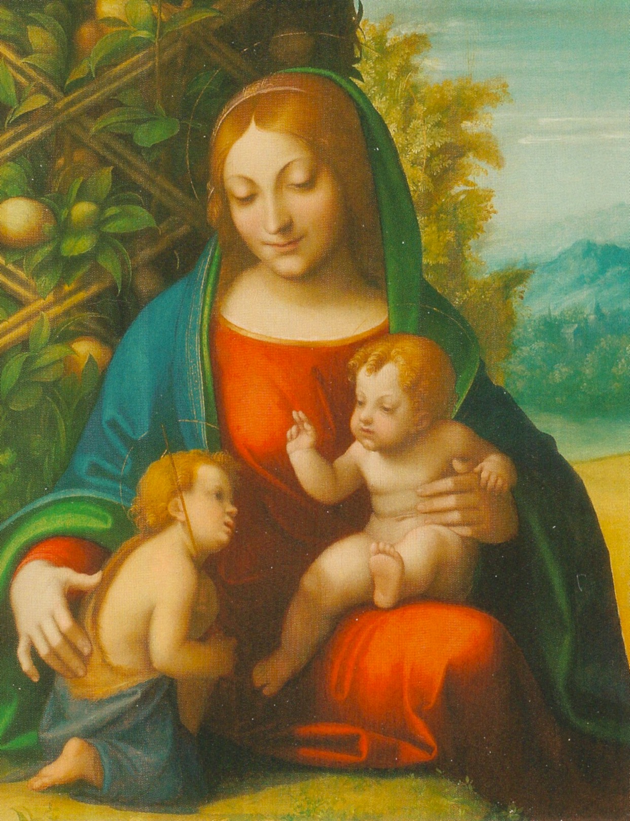 Correggio, Madonna col Bambino e San Giovannino (olio su tela, 64 x 50 cm; Chicago. The Art Institute). Vediamo qui la tipologia del volto femminile del Correggio come il pittore usa nella su prima fase, che comprende anche le pale della Madonna di San Francesco e della Madonna di Albinea. Si tratta di volti appena allungati dai fini lineamenti, con le labbra sottili, il naso affilato e le arcate sopracciliari aperte e nitide.
 Correggio, Madonna col Bambino e San Giovannino (olio su tela, 64 x 50 cm; Chicago. The Art Institute). Vediamo qui la tipologia del volto femminile del Correggio come il pittore usa nella su prima fase, che comprende anche le pale della Madonna di San Francesco e della Madonna di Albinea. Si tratta di volti appena allungati dai fini lineamenti, con le labbra sottili, il naso affilato e le arcate sopracciliari aperte e nitide.