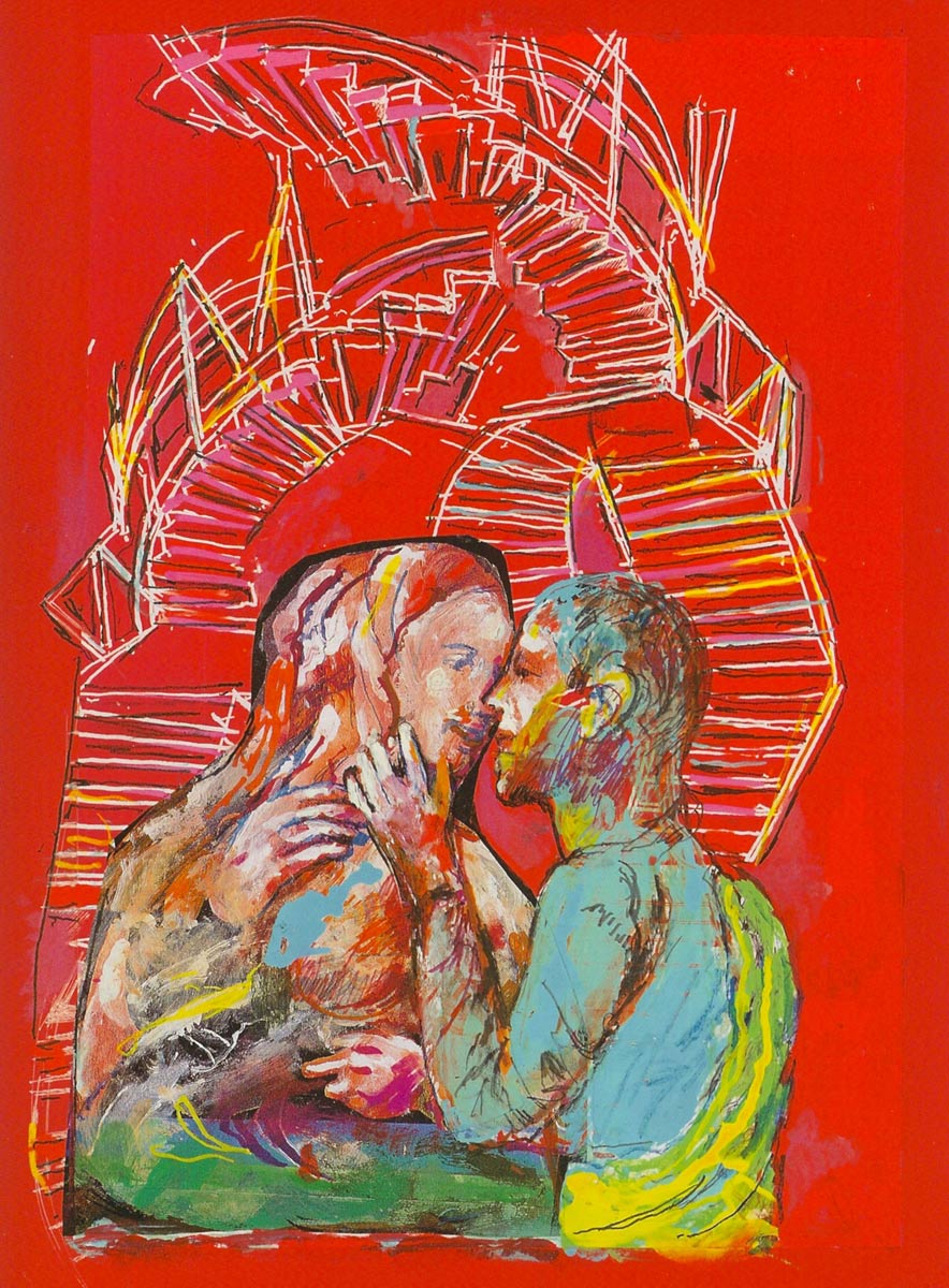 Disegno di Dario Fo. L’escogitante e allegro istrione immagina così, di sua mano, un amorevole bacio di Antonio Allegri alla sua sposa Jeronima, prima di salire alle volte della Cattedrale di Parma per gli affreschi della cupola.
 Disegno di Dario Fo. L’escogitante e allegro istrione immagina così, di sua mano, un amorevole bacio di Antonio Allegri alla sua sposa Jeronima, prima di salire alle volte della Cattedrale di Parma per gli affreschi della cupola.