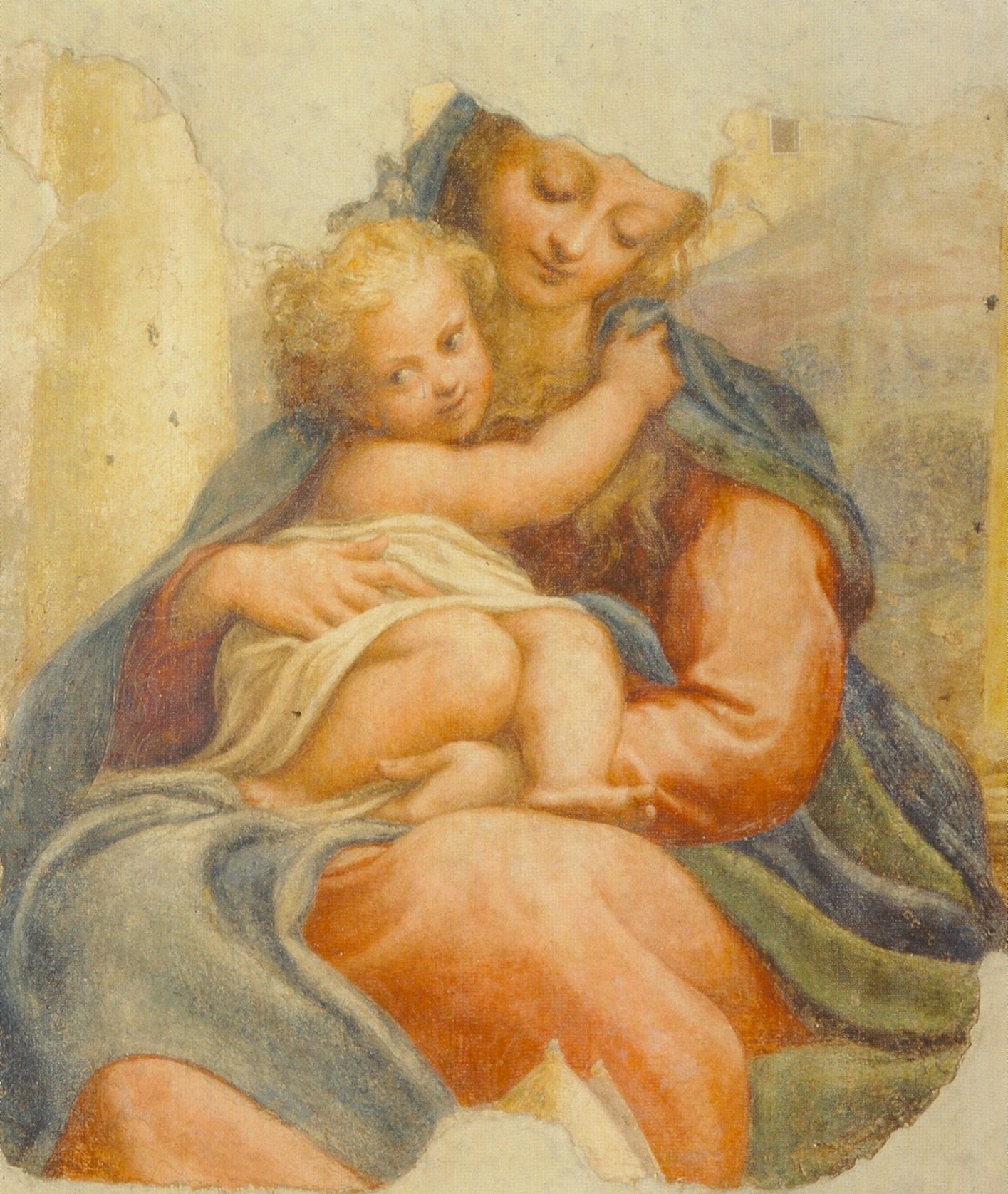 La “Madonna della Scala”. Un affresco salvato parzialmente per volontà del popolo tutto di Parma dalla demolizione della porta urbica sulla quale si trovava. Il Vasari la dichiara “stupenda cosa al vedere, che ha ricevuto da forestieri e viandanti lode e stupore infinito”. Come esecuzione siamo tra il 1523 e il 1524 dopo che il Correggio ha portato la famiglia in Parma e quando egli comincia a ritrarre un tipo di volto femminile più dolcemente arrotondato e luminoso.
 La “Madonna della Scala”. Un affresco salvato parzialmente per volontà del popolo tutto di Parma dalla demolizione della porta urbica sulla quale si trovava. Il Vasari la dichiara “stupenda cosa al vedere, che ha ricevuto da forestieri e viandanti lode e stupore infinito”. Come esecuzione siamo tra il 1523 e il 1524 dopo che il Correggio ha portato la famiglia in Parma e quando egli comincia a ritrarre un tipo di volto femminile più dolcemente arrotondato e luminoso.