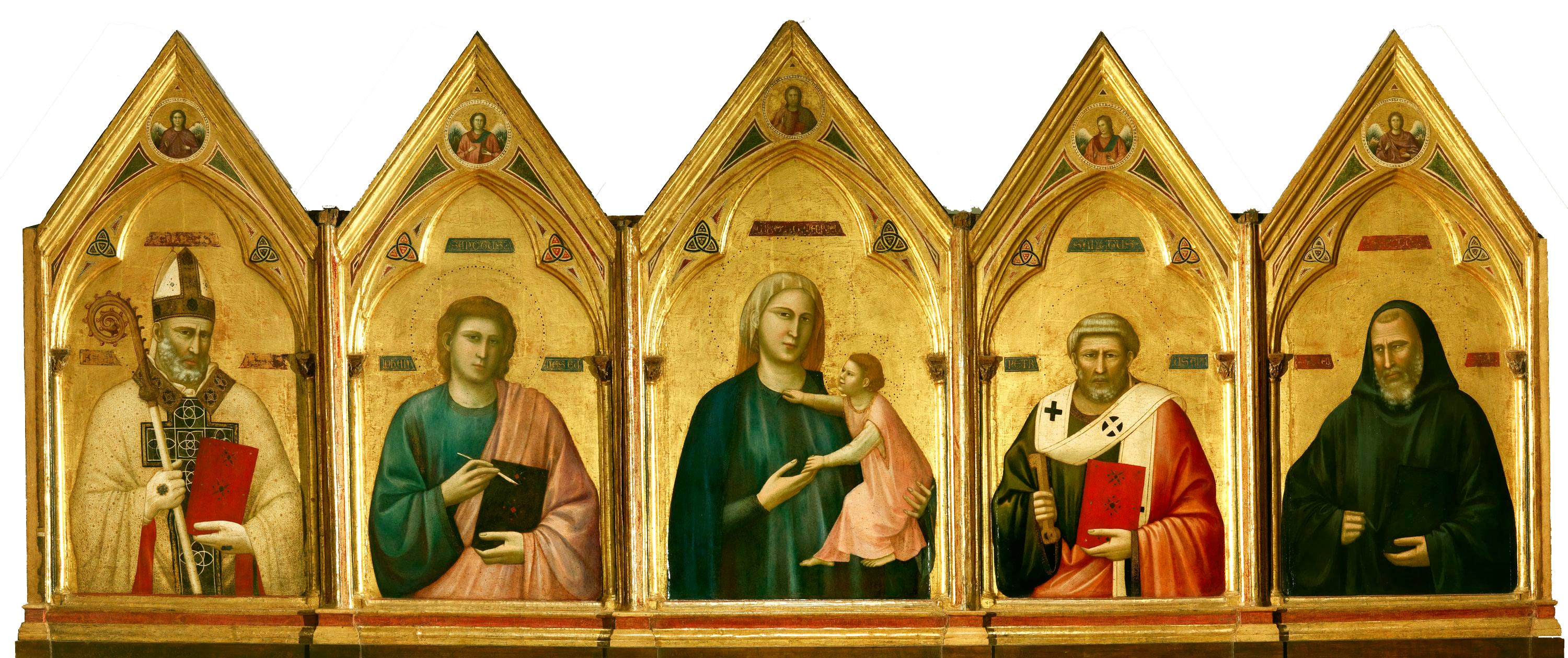 Giotto di Bondone, Polittico di Badia (1295-1297; tempera e oro su tavola, 137,5 x 345 cm; Firenze, Gallerie degli Uffizi, Galleria delle Statue e delle Pitture)
