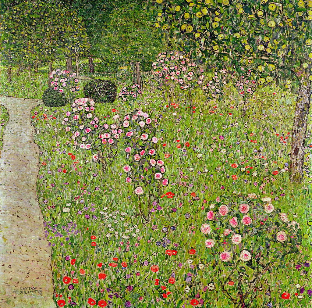 Gustav Klimt, El jardín de rosas (1911; óleo sobre lienzo, 110 x 110 cm; Austria, colección privada)
