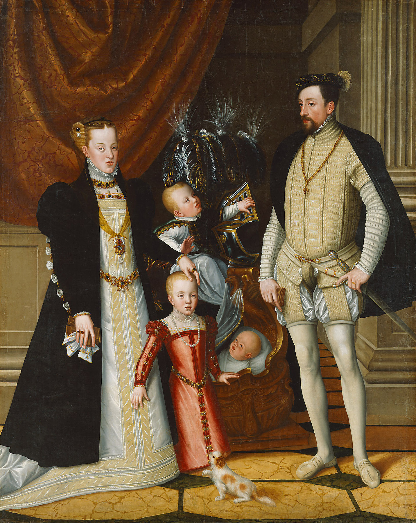 Giuseppe Arcimboldo (attribuito), Massimiliano II con la moglie Marina di Spagna e i figli Anna, Rodolfo ed Ernesto (1563 circa; olio su tela, 240 x 188 cm; Innsbruck, Castello di Ambras)

