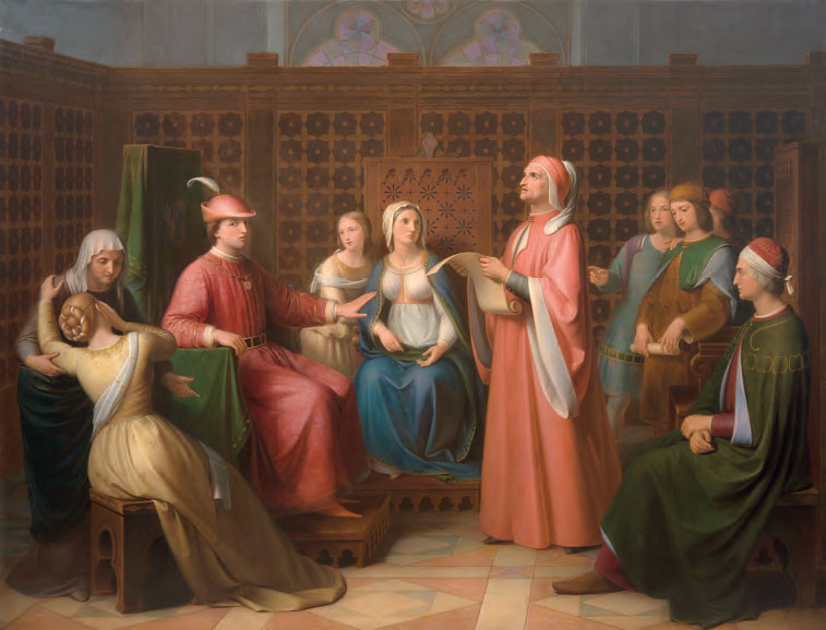 Andrea Pierini, Dante legge la Divina Commedia alla corte di Guido Novello (1850; olio su tela, 140 x 183 cm; Firenze, Gallerie degli Uffizi, Palazzo Pitti, Galleria d’Arte Moderna)
