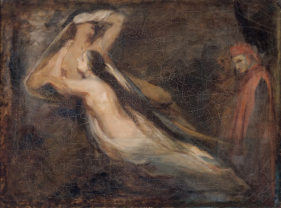 Ary Scheffer, Le ombre di Paolo e Francesca appaiono a Dante e Virgilio (1835; olio su tela, 24,5 x 32,5 cm; Clermont-Ferrand, Musée d’Art Roger Quilliot)
