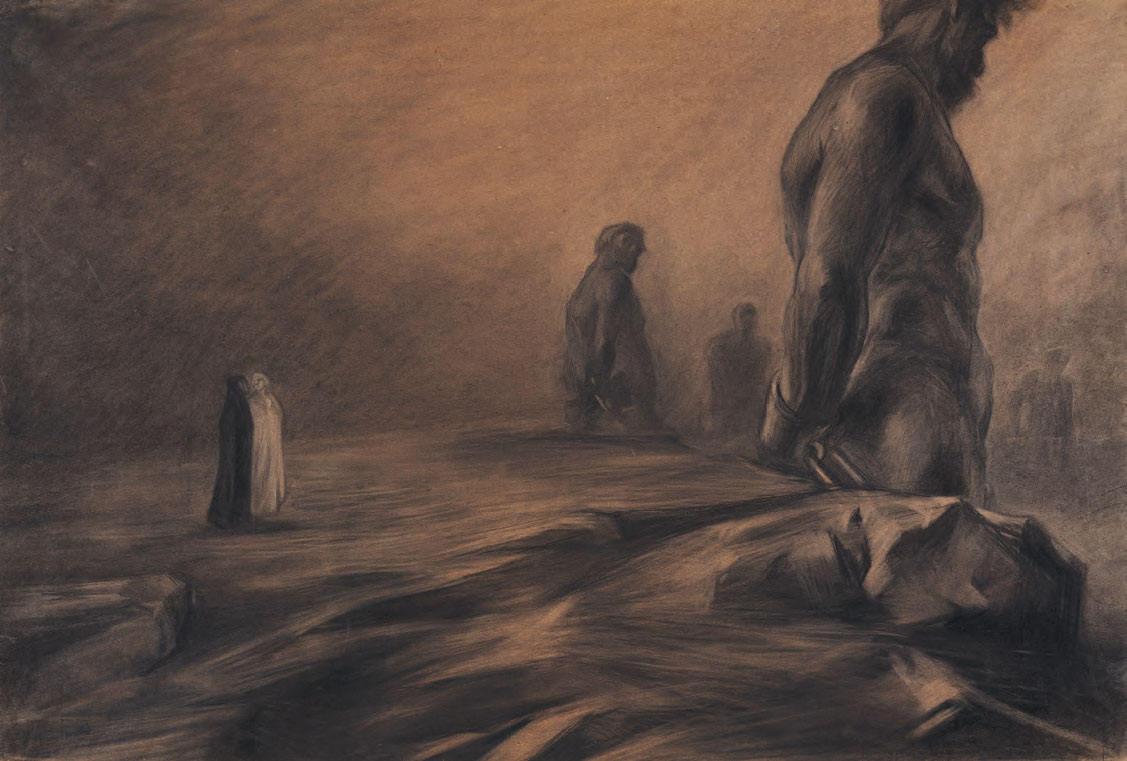 Duilio Cambellotti, I giganti, Inferno, Canto XXXI (1901; carboncino con lumeggiature a pastello bianco su carta, 503 x 808 mm; Firenze, Gallerie degli Uffizi, Gabinetto dei Disegni e delle Stampe)
