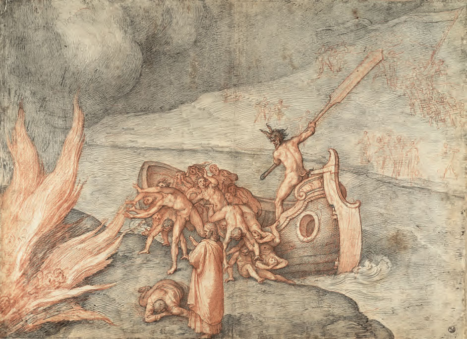 Federico Zuccari, Caronte. Terremoto e svenimento di Dante (Inf., III) (1585-1588 circa; pietra nera e rossa su carta bianca vergata, 448 x 615 mm; Firenze, Gallerie degli Uffizi, Gabinetto dei Disegni e delle Stampe)
