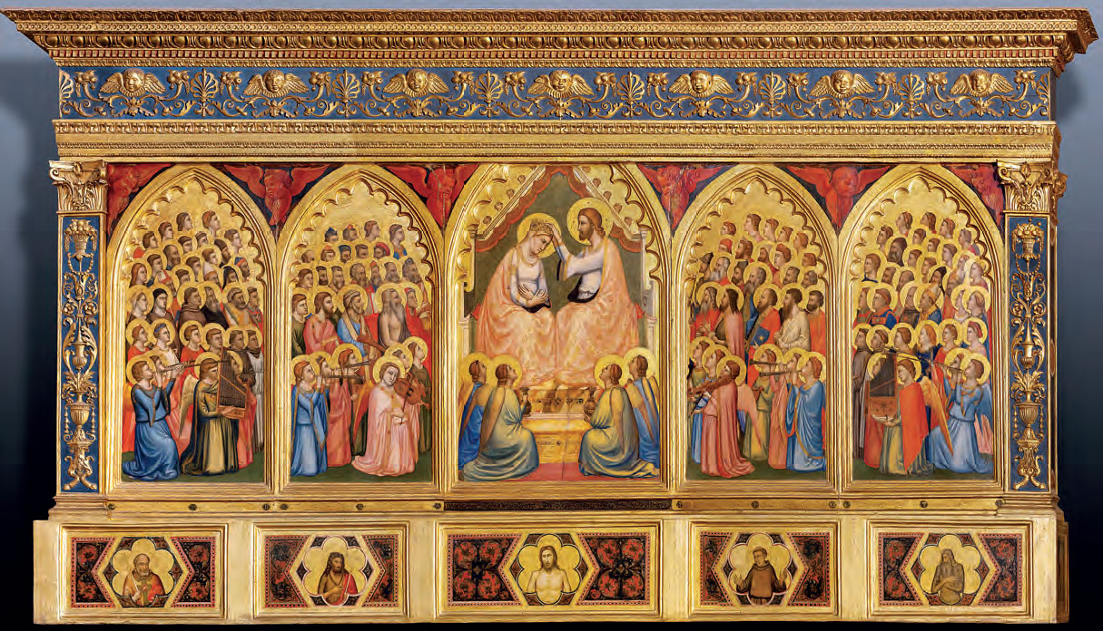 Giotto di Bondone e Taddeo Gaddi, Incoronazione della Vergine tra angeli e santi (Polittico Baroncelli) (1328; circa tempera e oro su tavola, 184 x 321 cm; Firenze, basilica di Santa Croce, cappella Baroncelli - Museo dell’Opera di Santa Croce)
