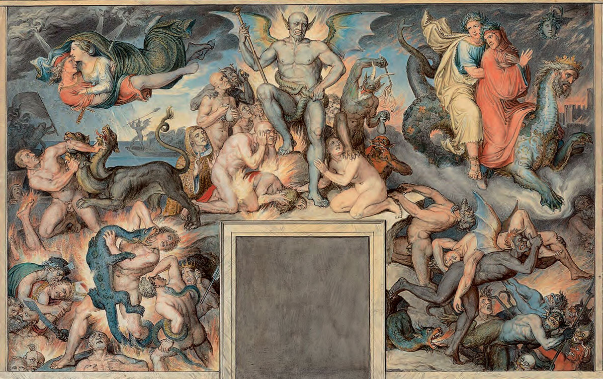 Joseph Anton Koch, L’Inferno (1825; acquerello, penna e inchiostro grigio e nero sopra a disegno tracciato a matita, 366 x 565 mm; Rotterdam, Museum Boijmans Van Beuningen)
