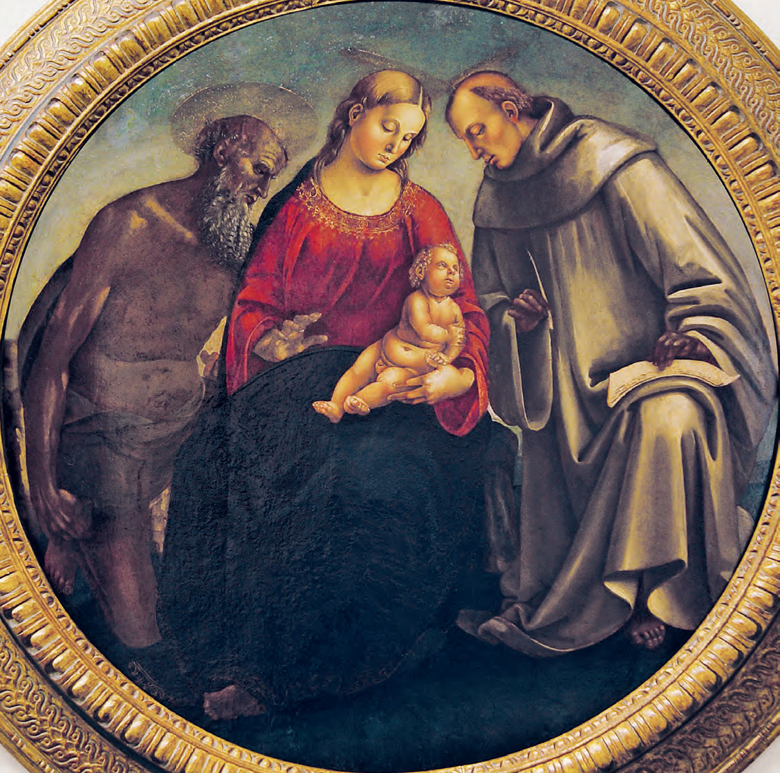 Luca Signorelli, Madonna con il Bambino e i santi Girolamo e Bernardo (1490-1496 circa; dipinto su tavola, diametro 114 cm; Fiesole, Museo Bandini, proprietà Fondazione Baduel Zamberletti)