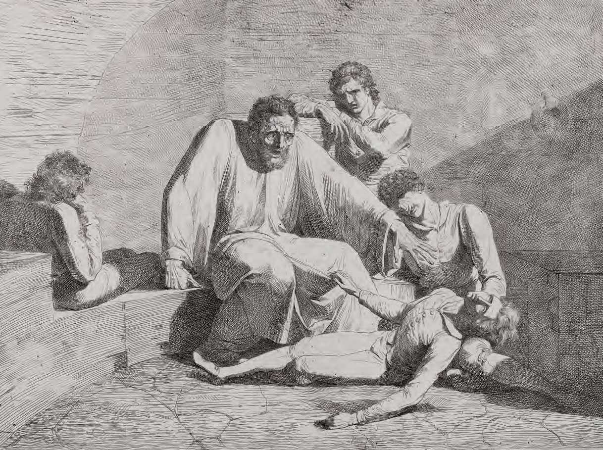 Luigi Sabatelli, Il conte Ugolino coi figli nella Torre della Fame (1794; acquaforte su carta bianca non vergata, 405 x 489 mm; Firenze, Gallerie degli Uffizi, Gabinetto dei Disegni e delle Stampe)
