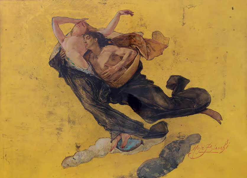 Mosè Bianchi, Paolo e Francesca (1888 circa; acquerello, tempera e foglia d’oro su carta, 533 x 746 mm; Milano, Galleria d’Arte Moderna)
