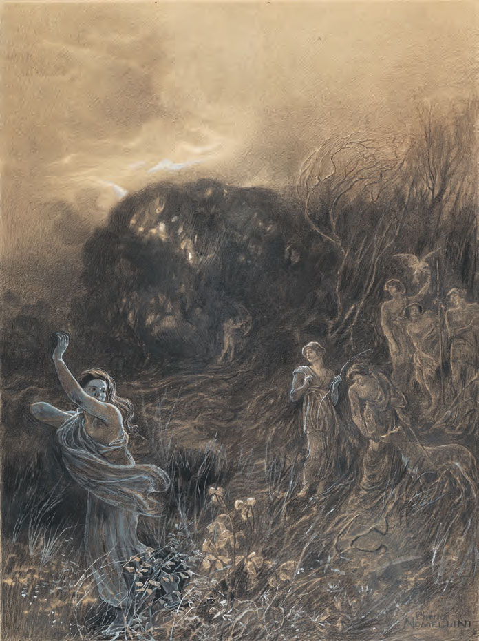 Plinio Nomellini, La Ninfa Elice viene cacciata da Diana, Purgatorio, Canto XXV (1900-1902; penna e tempera a colori su carta avorio, 800 x 600 mm; Firenze, Gallerie degli Uffizi, Gabinetto dei Disegni e delle Stampe)
