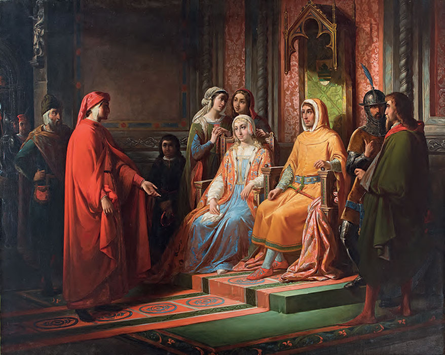 Pompeo Randi, Dante cerca di persuadere Scarpetta Ordelaffi a muovere contro Firenze (1854; olio su tela, 140 x 176 cm; Forlì, collezione privata)

