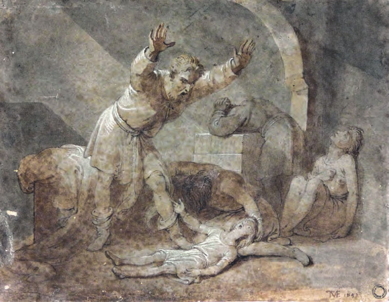 Tommaso Minardi,  Il conte Ugolino e l’orrenda morte di lui e dei suoi figli (1843; penna, inchiostro grigio e seppia acquerellato, biacca, tracce di matita su carta bianca, 185 x 240 mm; Forlì, Biblioteca Aurelio Saffi, Fondo Piancastelli)
