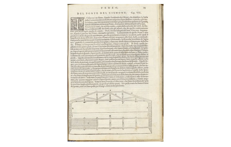 Andrea Palladio, Progetto del Ponte sul Cismon, in Â“I Quattro Libri dellÂ’Architettura di Andrea Palladio, Venetia, Dominico deÂ’ FranceschiÂ” (Venezia, 1570; volume a stampa; Vicenza, Palladio Museum). Opera non in mostra
