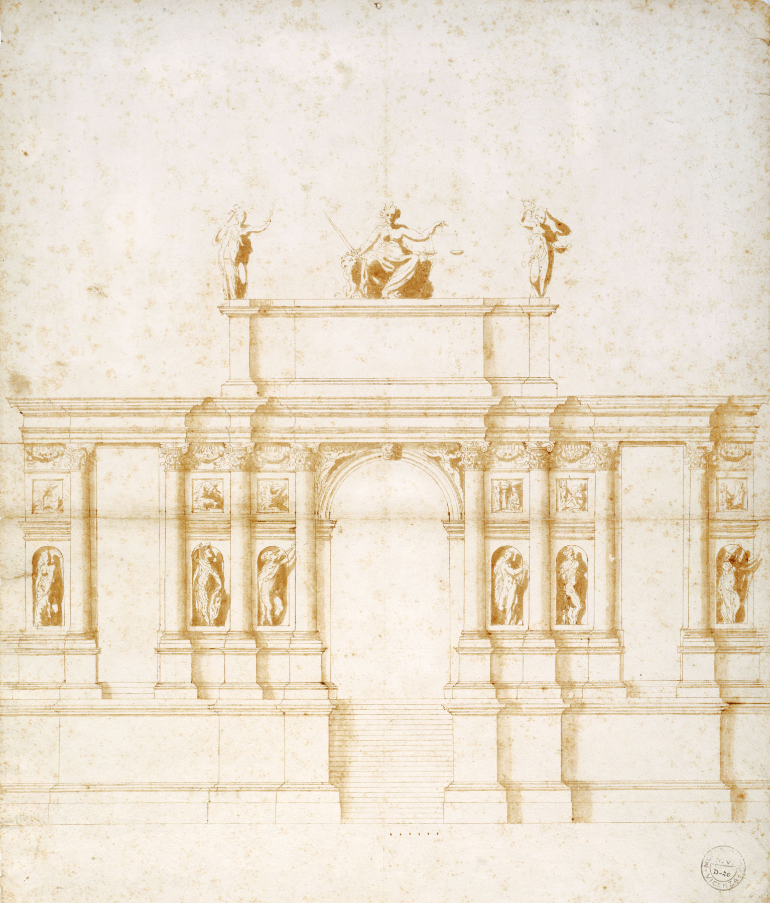 Andrea Palladio, Ponte di Rialto a Venezia. Alzato di una facciata dÂ’ingresso (1566; punta dÂ’avorio, penna e inchiostro bruno, lumeggiature e tocchi dÂ’acquerello su carta, 500 x 425 mm; Vicenza, Museo Civico di Palazzo Chiericati, inv. D20r)
