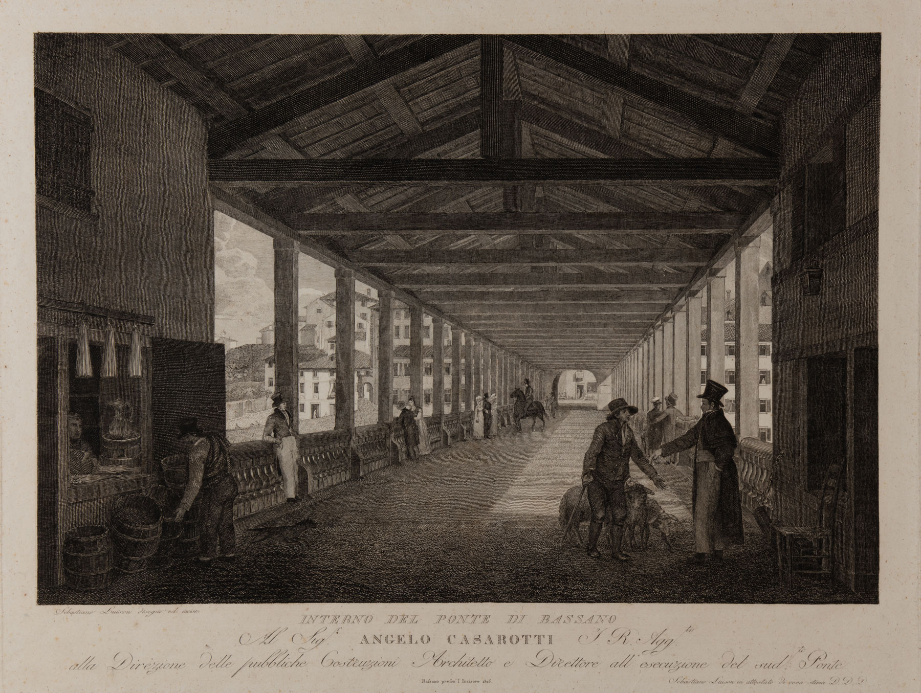 Sebastiano Lovison, Interno del Ponte Vecchio di Bassano (1826; bulino, 330 x 430 mm; Bassano del Grappa, Museo Civico, INC. BASS. 393, dedicata a Casarotti)
