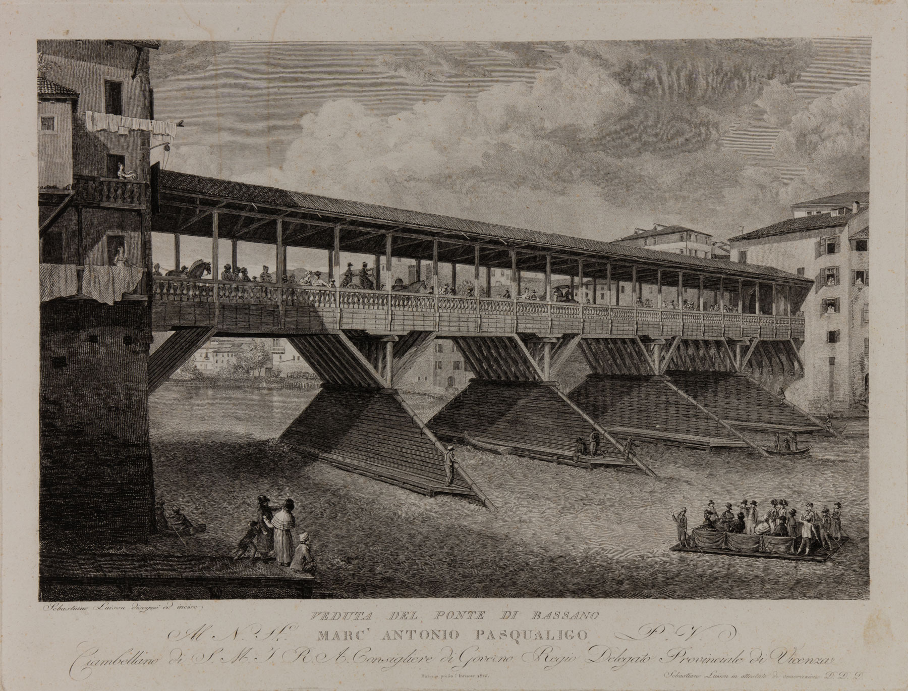 Sebastiano Lovison, Ponte Vecchio di Bassano (1826; bulino, 330 x 430 mm; Bassano del Grappa, Museo Civico, INC. BASS. 392)
