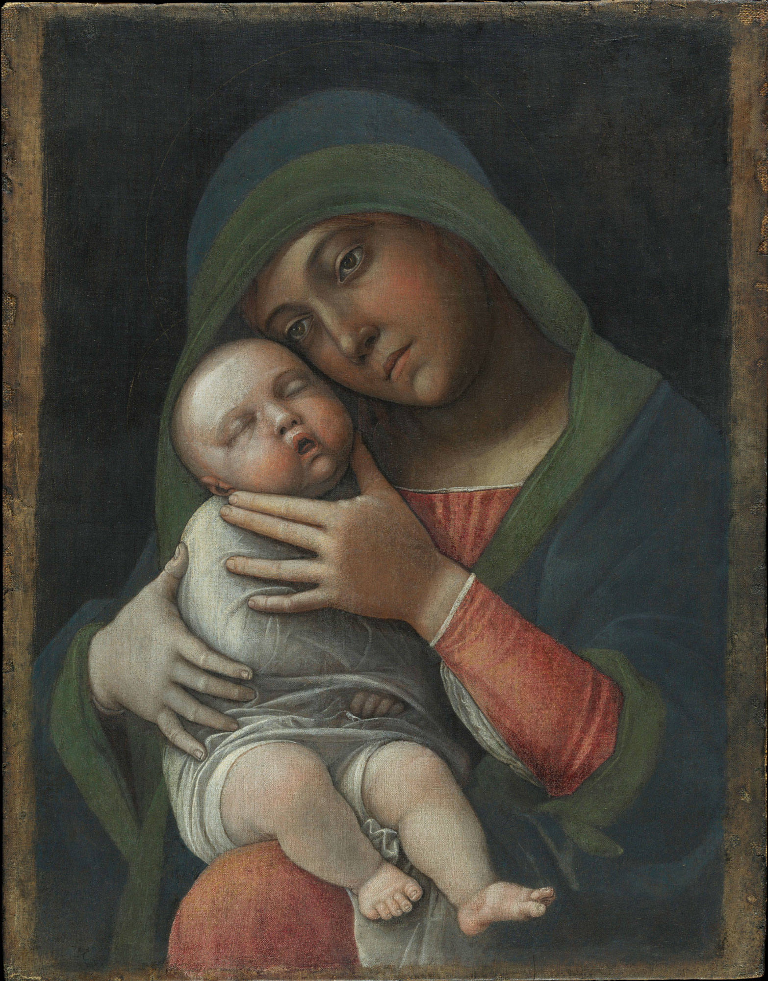Andrea Mantegna, Madonna col Bambino (1490-1499; tempera magra su tela, 35,5 x 45,5 cm; Milano, Museo Poldi Pezzoli). Dopo il restauro
 Andrea Mantegna, Madonna col Bambino (1490-1499; tempera magra su tela, 35,5 x 45,5 cm; Milano, Museo Poldi Pezzoli). Dopo il restauro