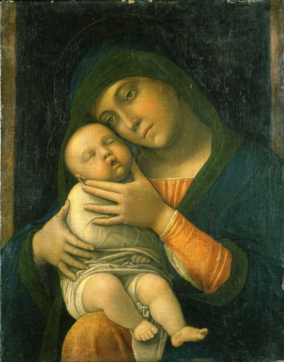 Andrea Mantegna, Madonna col Bambino (1490-1499; tempera magra su tela, 35,5 x 45,5 cm; Milano, Museo Poldi Pezzoli). Prima del restauro
 Andrea Mantegna, Madonna col Bambino (1490-1499; tempera magra su tela, 35,5 x 45,5 cm; Milano, Museo Poldi Pezzoli). Prima del restauro