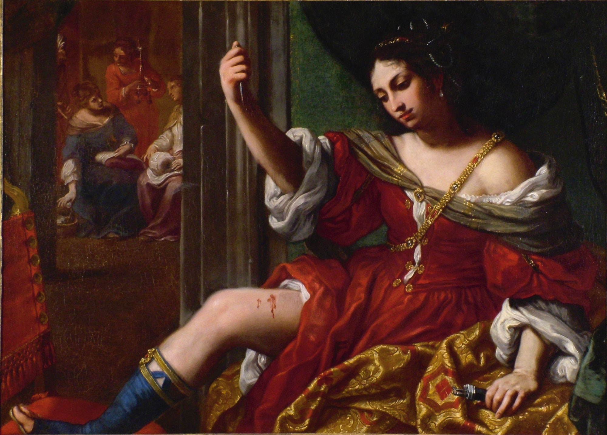 Elisabetta Sirani, Porzia che si ferisce alla coscia (1664; olio su tela, 101 x 138 cm; Bologna, Collezione d’Arte e di Storia della Fondazione Cassa di Risparmio in Bologna, inv. M32228)
 Elisabetta Sirani, Porzia che si ferisce alla coscia (1664; olio su tela, 101 x 138 cm; Bologna, Collezione d’Arte e di Storia della Fondazione Cassa di Risparmio in Bologna, inv. M32228)