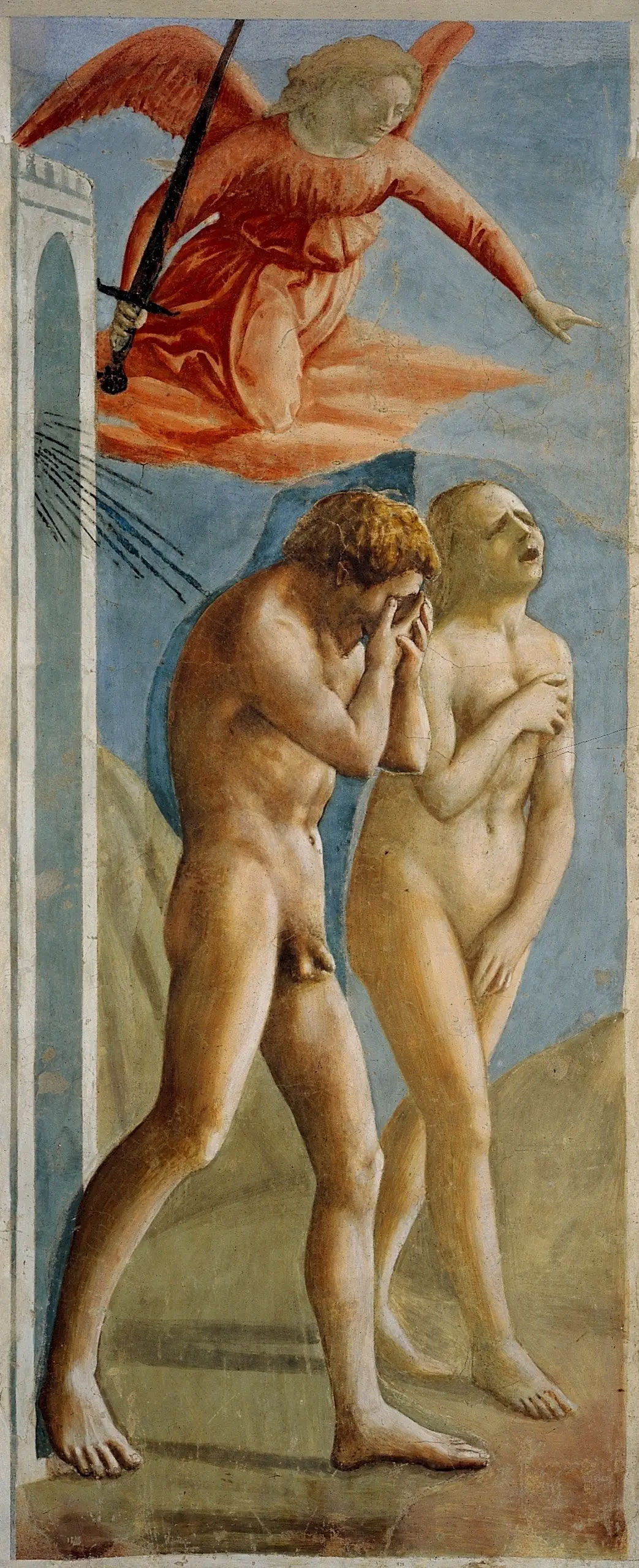 Masaccio, Expulsion of the Progenitors (1424-1425; fresco, 214 x 88 cm; Florence, Santa Maria del Carmine, Brancacci Chapel)