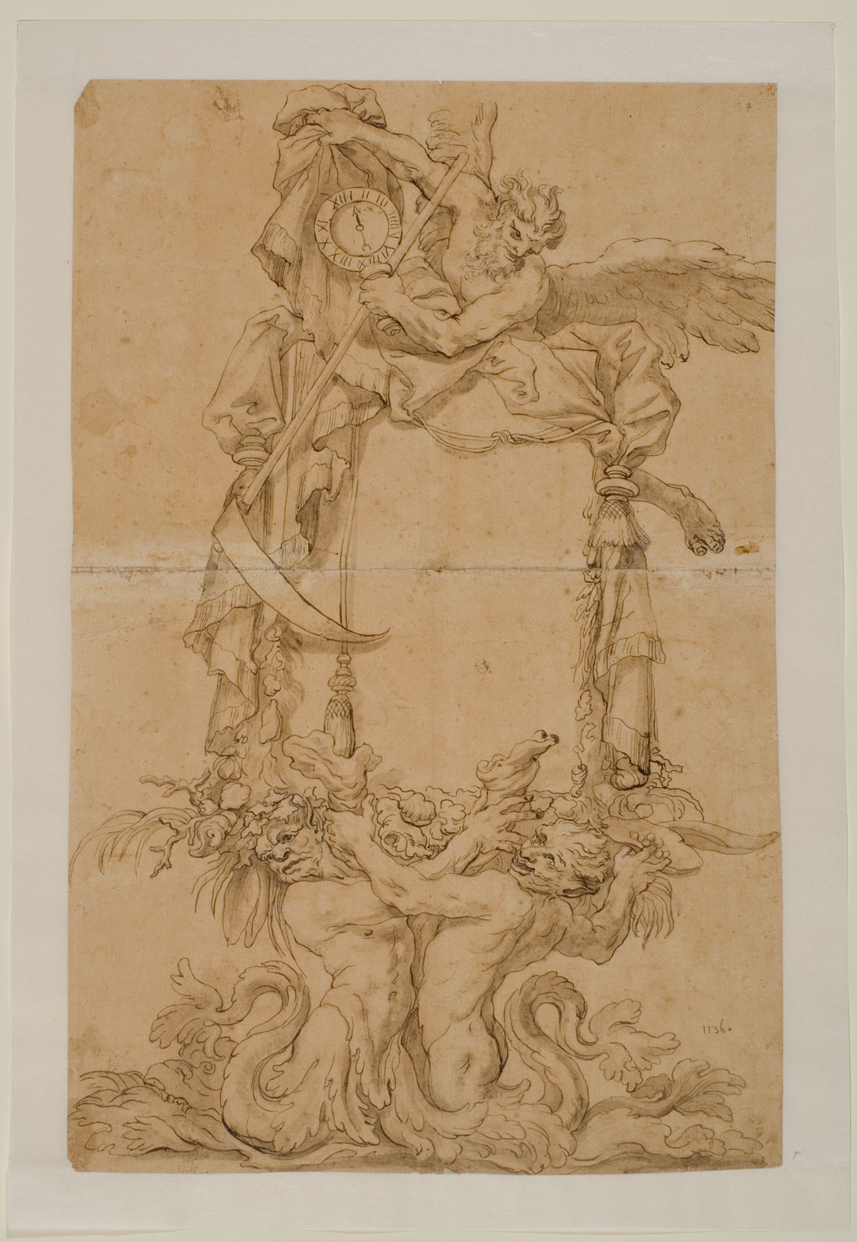 Artista attivo a Roma intorno al 1685, Disegno per uno specchio con il Tempo alato sostenuto da due Tritoni (1668 circa; penna e acquerello marrone su carta filigranata, 392 x 260 mm; Stoccolma, Nationalmuseum) © Foto: Linn Ahlgren/Nationalmuseum
 Artista attivo a Roma intorno al 1685, Disegno per uno specchio con il Tempo alato sostenuto da due Tritoni (1668 circa; penna e acquerello marrone su carta filigranata, 392 x 260 mm; Stoccolma, Nationalmuseum) © Foto: Linn Ahlgren/Nationalmuseum
