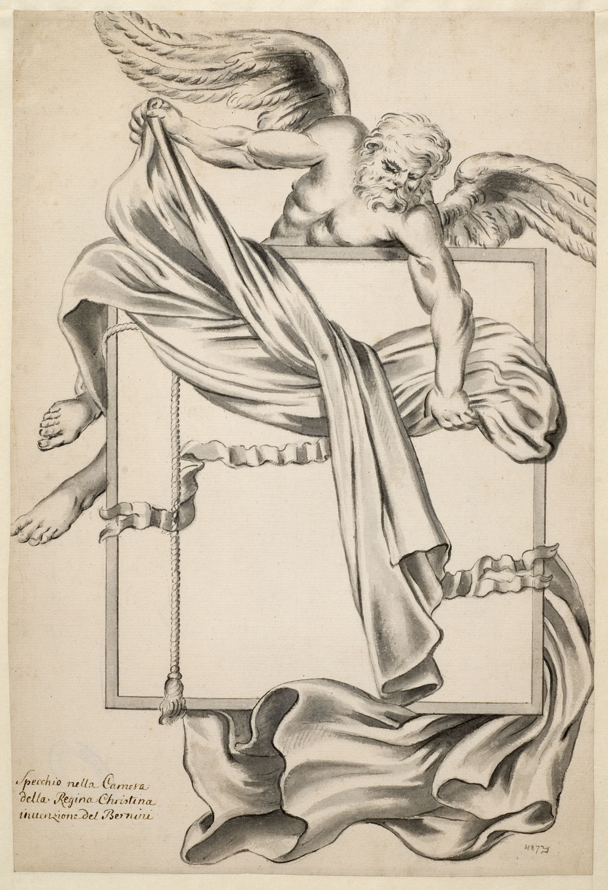 Nicodemus Tessin il Giovane, Copia dello specchio per la regina Cristina di Svezia di Bernini (1680 circa; tracce di grafite, penna e inchiostro grigio acquerellato su carta, 404 x 272 mm; Stoccolma, Nationalmuseum © Foto: Hans Thorwid/Nationalmuseum
 Nicodemus Tessin il Giovane, Copia dello specchio per la regina Cristina di Svezia di Bernini (1680 circa; tracce di grafite, penna e inchiostro grigio acquerellato su carta, 404 x 272 mm; Stoccolma, Nationalmuseum © Foto: Hans Thorwid/Nationalmuseum