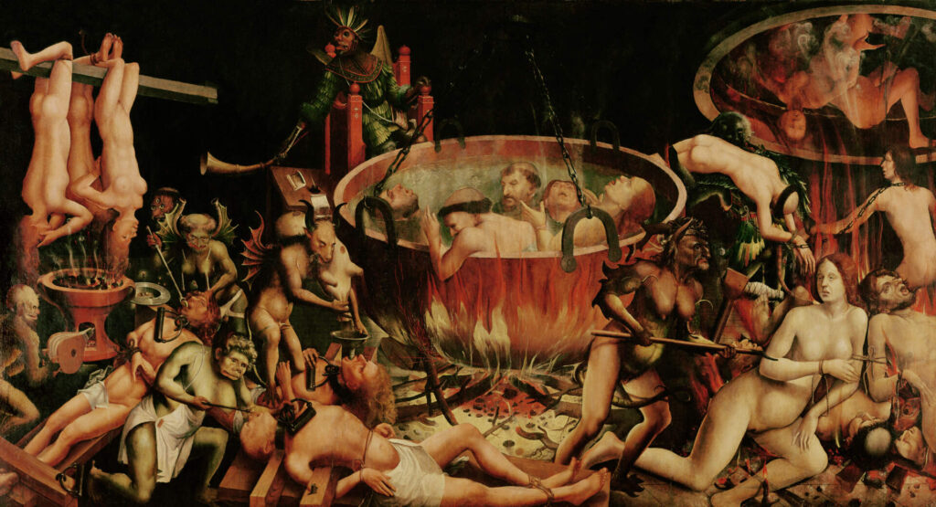 Anonimo portoghese, Inferno (1510-1520; olio su tavola, 119 x 217,5 cm; Lisbona, Museu nacional de arte antiga)
