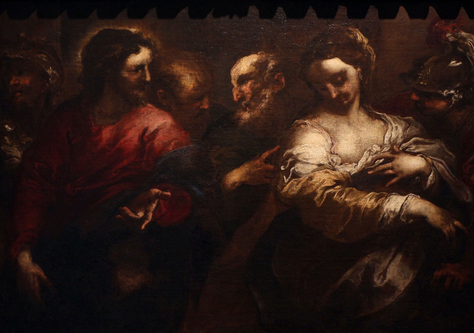 Valerio Castello, Cristo e lÂ’adultera (1650 circa; olio su tela; Lisbona, Museu nacional de arte antiga)
