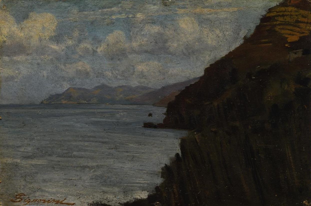 Telemaco Signorini, Veduta dalla costa di Riomaggiore (1870-1880 circa; olio su cartoncino, 13 x 19 cm; Roma, Banca d'Italia)
