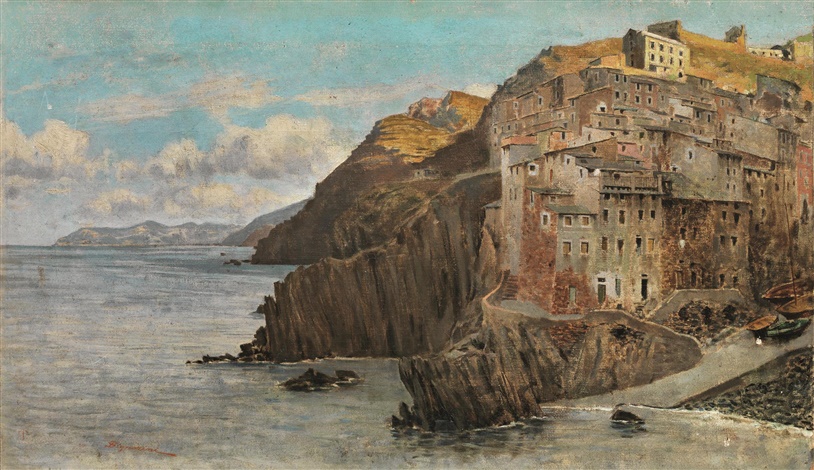 Telemaco Signorini, Veduta di Riomaggiore (1870-1880 circa; olio su tela, 23,5 x 36 cm; Collezione Privata)
