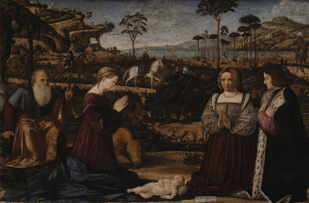Vittore Carpaccio, Sacra famiglia e donatori (1505; tempera e olio su tavola, 90,1 x 133,9 cm; Lisbona, Museo Gulbenkian)
