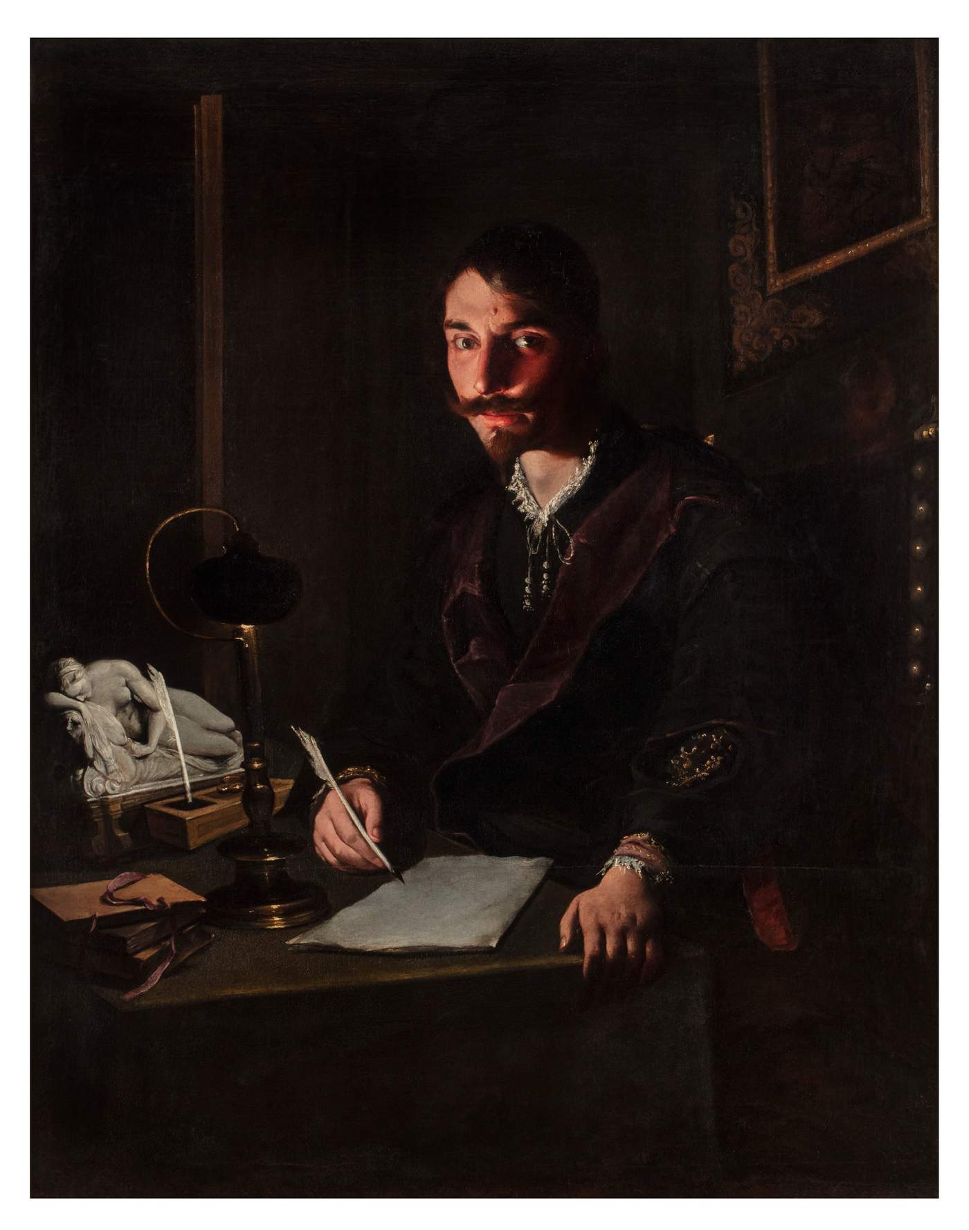 Pietro Paolini, Ritratto di Francesco di Poggio che scrive alla luce di una lampada ad olio (anni Trenta del Seicento; olio su tela, 147,6 x 115,9 cm)
