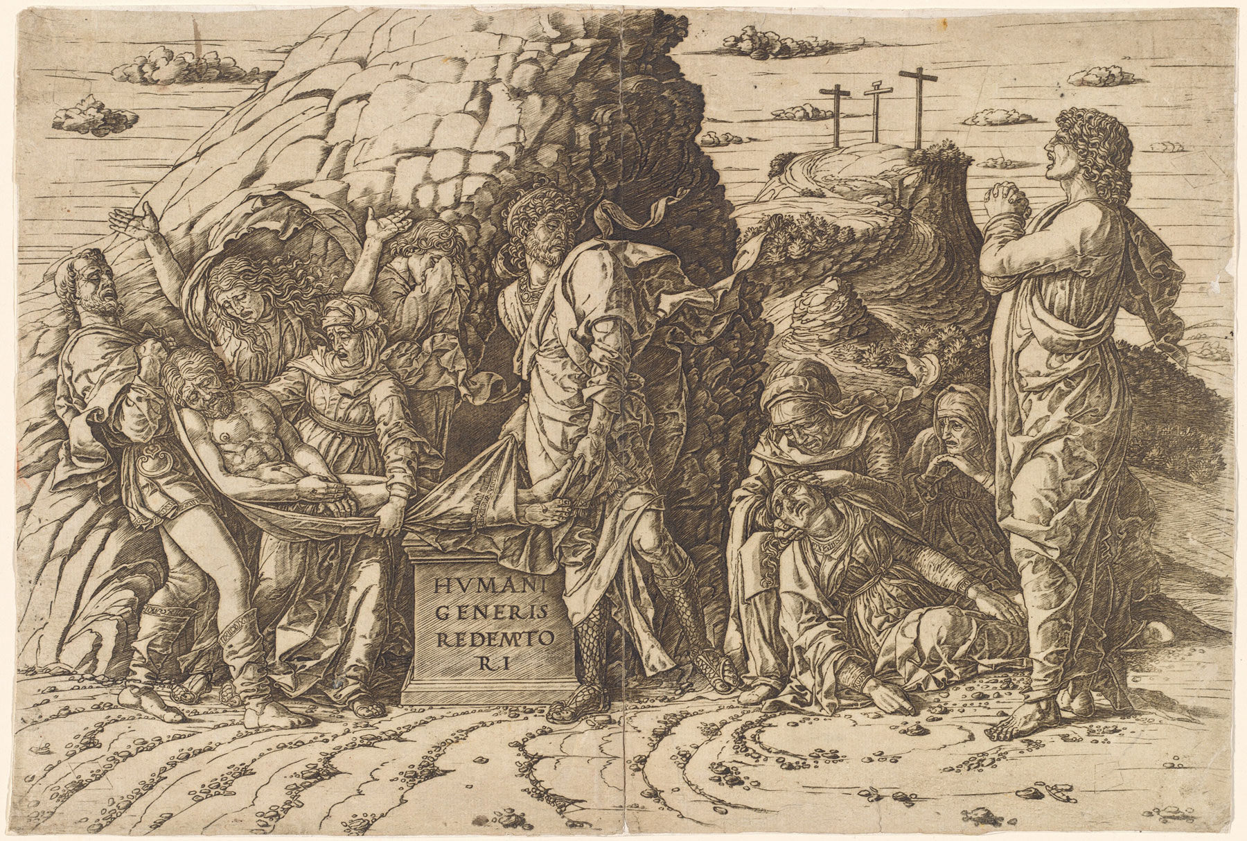 Andrea Mantegna, Deposizione nel sepolcro (1470-1475 circa; bulino e puntasecca, 229 x 442 mm; Washington, National Gallery)
