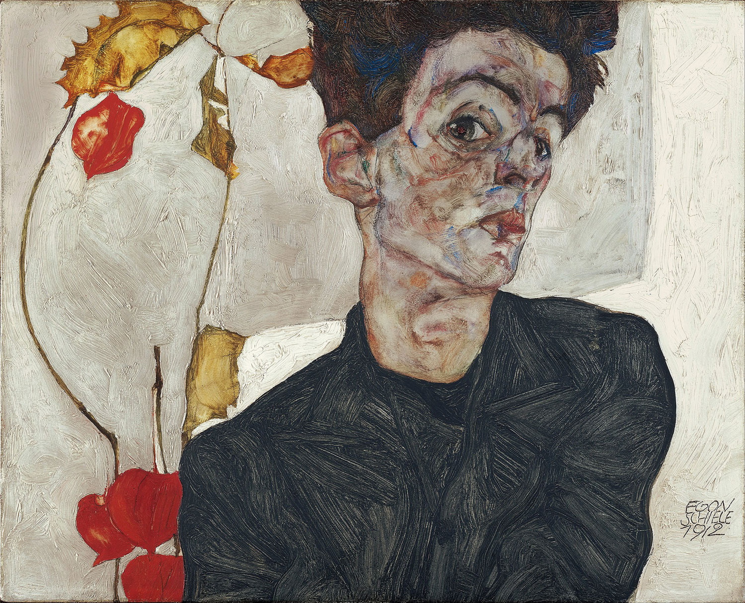 Egon Schiele, Autoritratto con alchechengi (1912; olio su tavola, 39,8 x 32,2 cm; Vienna, Leopold Museum)
