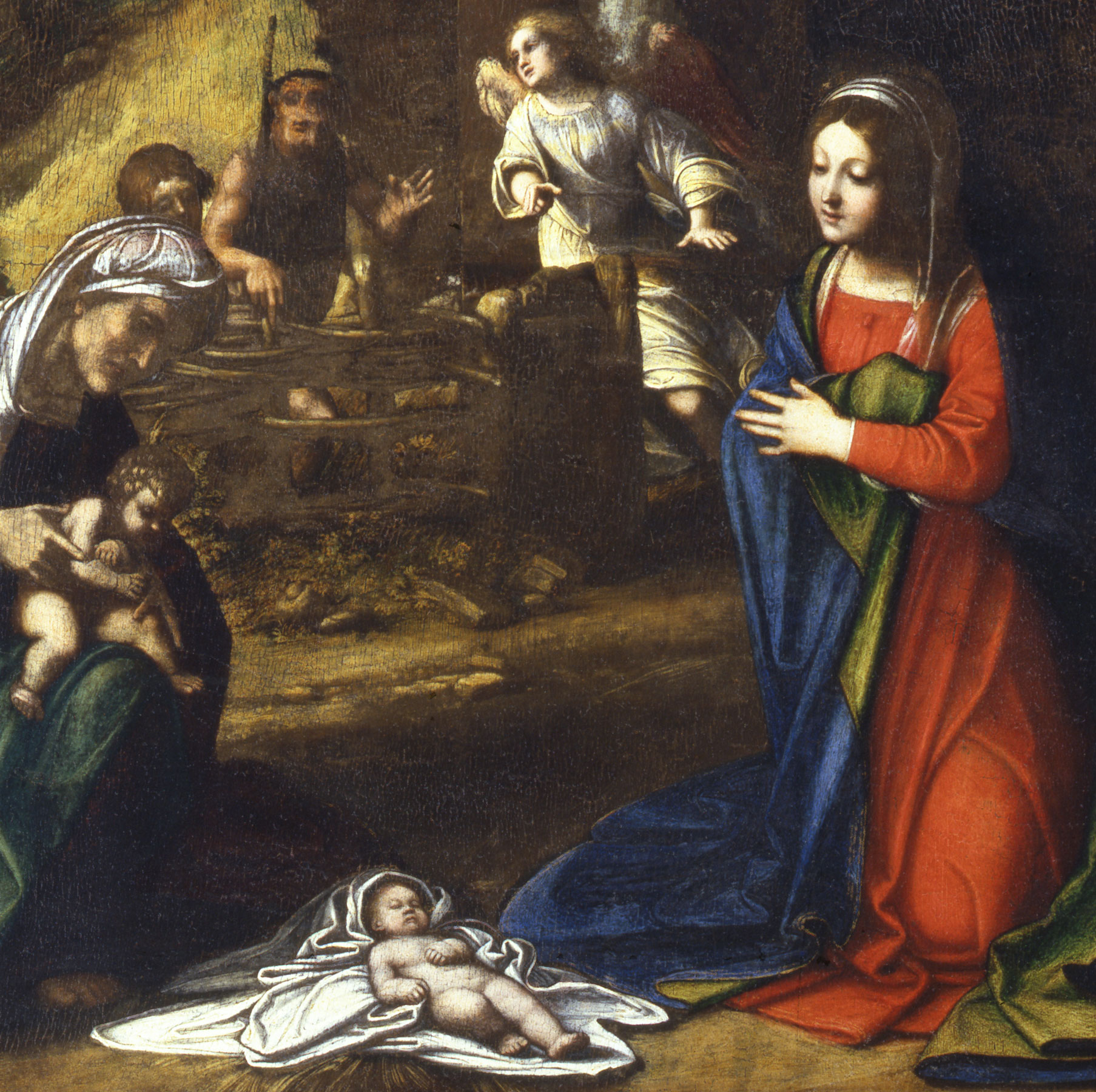 Maria, Elisabetta, i Pastori, l'Angelo. Fulcro del dipinto ove i termini della proposizione sono dislocati compositivamente ad anello formando il nucleo teologico della NativitÃ  e della Redenzione.
