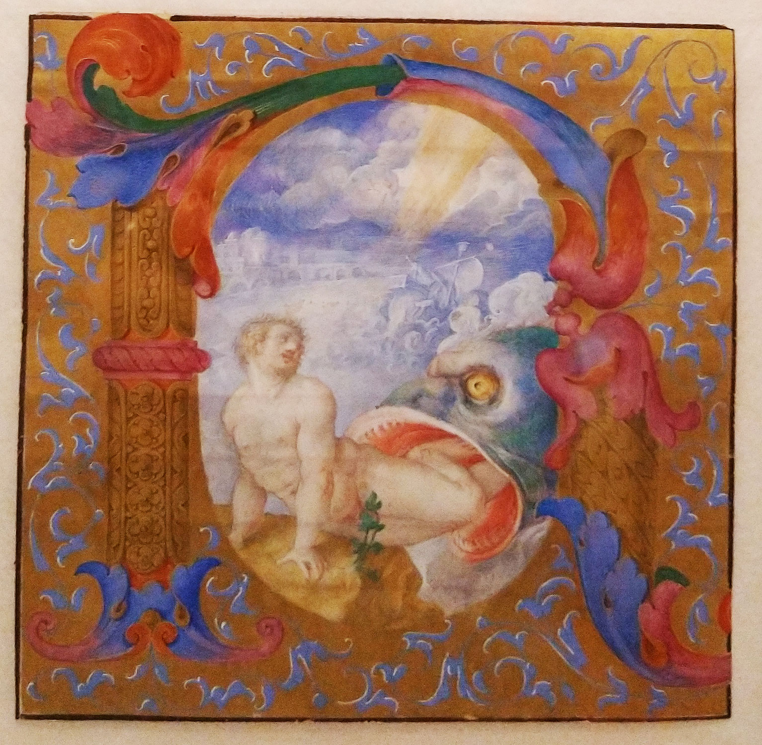 Bartholomäus Spranger, Giona nella bocca della balena (1570 circa; tempera e oro su pergamena, 159 x 166 mm; Venezia, Fondazione Giorgio Cini)
