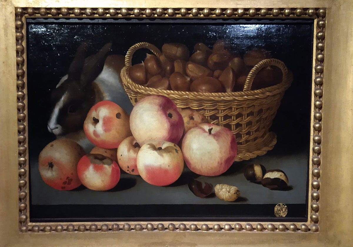 Fede Galizia, Cesta di vimini con castagne, mele e un coniglio (post 1607; tavola, 28,8 x 41 cm; Cremona, Museo Civico Ala Ponzone)
