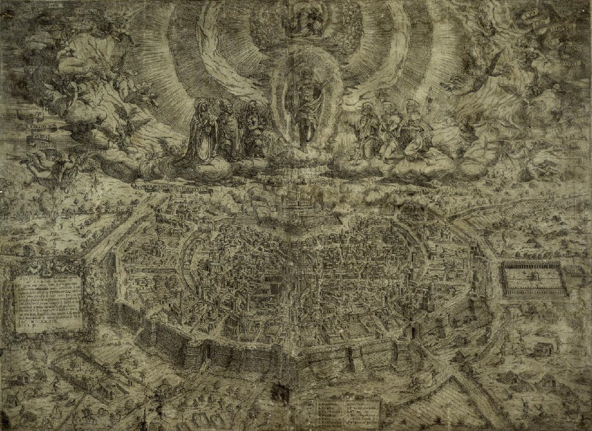 Nunzio Galizia, Veduta propettica di Milano dopo la peste (1578; acquaforte, 464 x 644 mm; Milano, Castello Sforzesco, Civica Raccolta delle Stampe Achille Bertarelli)
