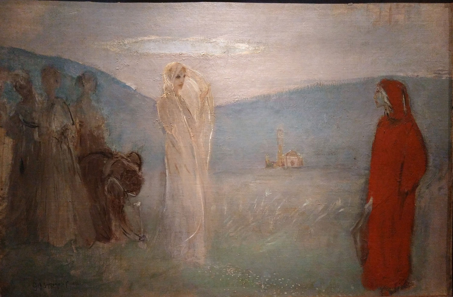Giulio Aristide Sartorio, Dante e Beatrice (1896; olio su tela su cartone, 50 x 73 cm; Archivio Sartorio)
