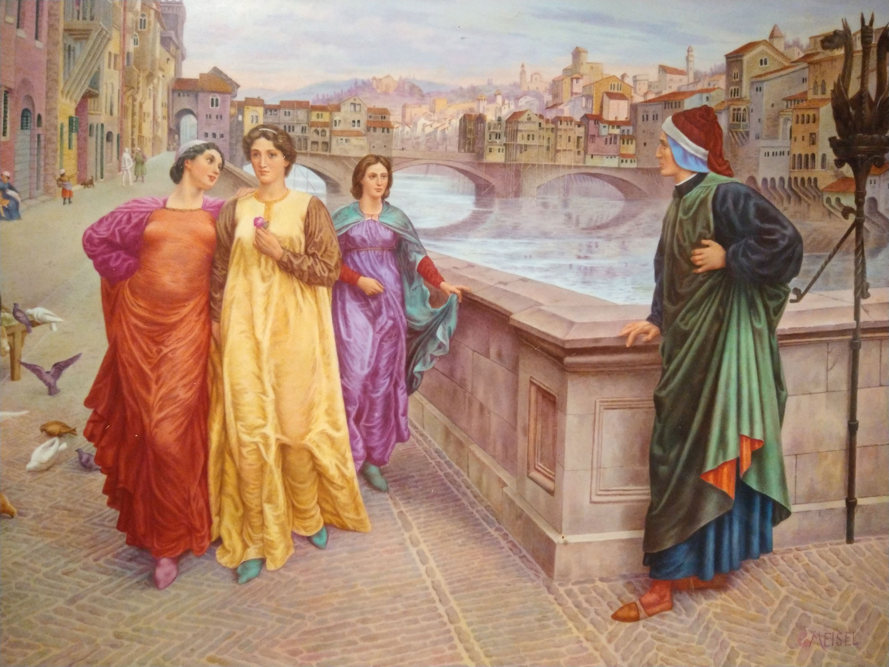 Gustav Meisel, Incontro di Dante e Beatrice (fine XIX secolo; piastra di porcellana dipinta, 48 x 54 x 8 cm; Firenze, Gallerie degli Uffizi, Galleria d'Arte Moderna, collezione Laguzzi)
