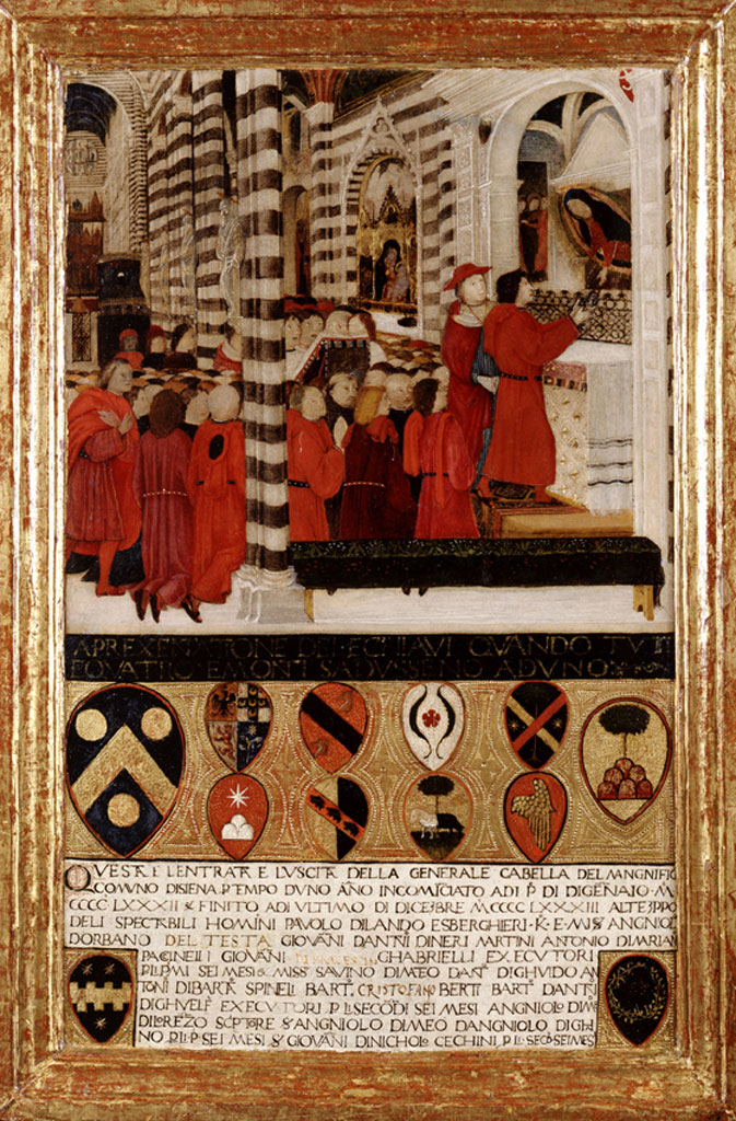 Pietro di Francesco Orioli (?), Offerta delle chiavi della cittÃ  alla Vergine, Biccherna n. 41 (1483; Siena, Museo delle Biccherne)
